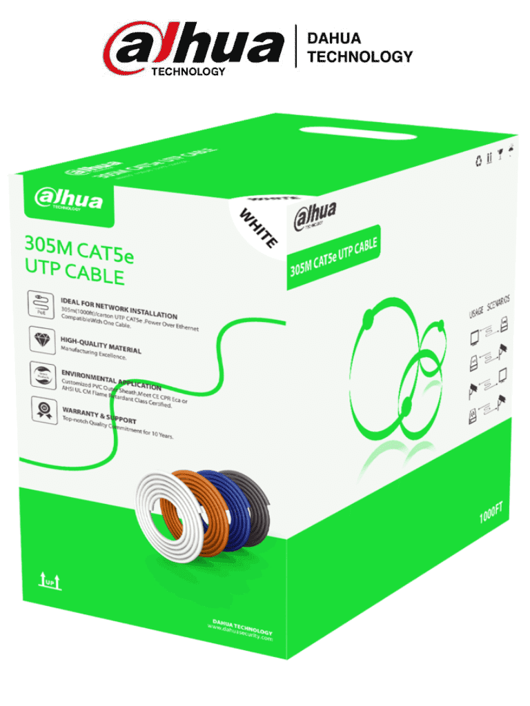 Imagen de DAHUA PFM922I-5EUN-C -Bobina de cable UTP Cat5e de 305 metros, color blanco, ideal para instalaciones interiores. Conductor de CCA y cubierta de FR-PVC, cumple con la normativa ROHS para una alta calidad y seguridad.