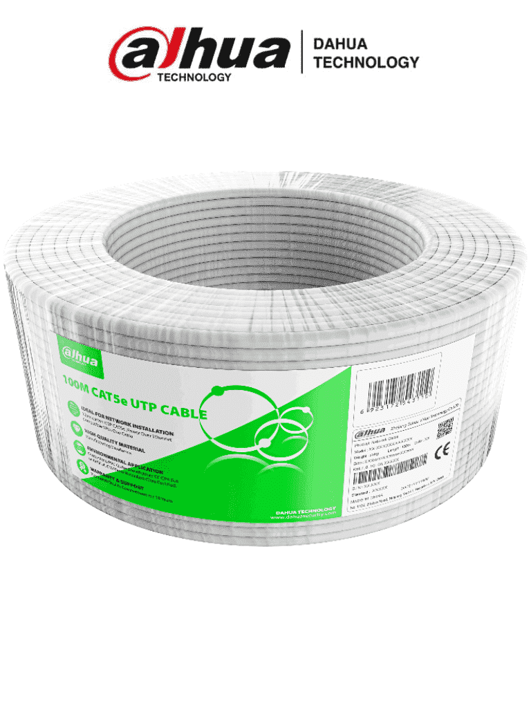 Imagen de DAHUA PFM922I-5EUN-C-100 - Bobina de 100 metros de cable UTP Cat 5e, fabricado con conductores de aluminio revestidos de cobre (CCA), en color blanco. Ideal para uso en interiores, con cubierta FR-PVC retardante de flama 