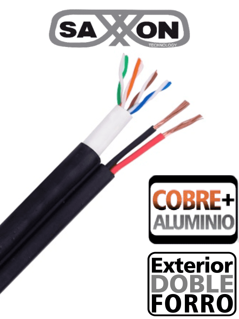 Imagen de SAXXON OUTP5ECCAEXT2E - Bobina de Cable UTP Cat5e Siames/ 305 Metros/ Uso Exterior/ CCA/ UTP+Cables de Energía Cal. 18 AWG/ Doble Forro en Cable UTP/  Ideal para Cableado de Video/