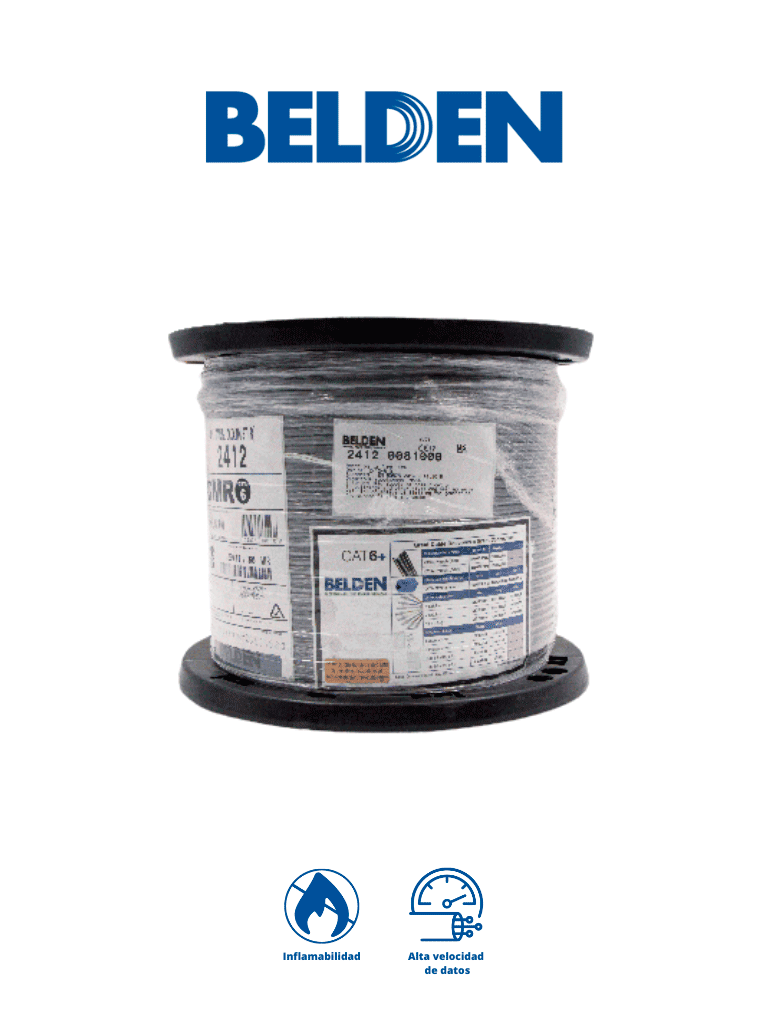 Imagen de BELDEN 24120081000 - Cable UTP 100% cobre / Categoria 6+ / IBDN / GIGAFLEX 2412 CMR / Color gris / Bobina de 305  Mts