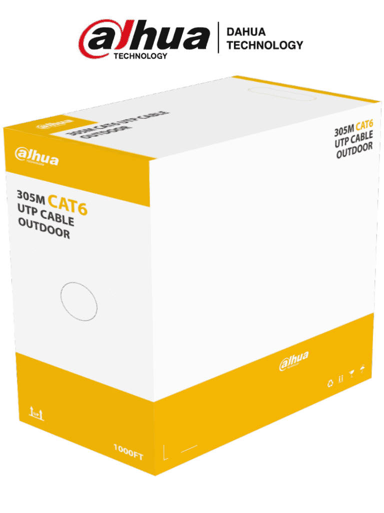 Imagen de DAHUA PFM920-6U - Bobina de cable UTP Cat6 para exterior Dahua PFM920-6U. Con 305 metros de 100% cobre, cubierta MDPE resistente y color negro, cumple con ANSI/TIA 568-C.2, RoHS, y es retardante de flama, ideal para instalaciones seguras.