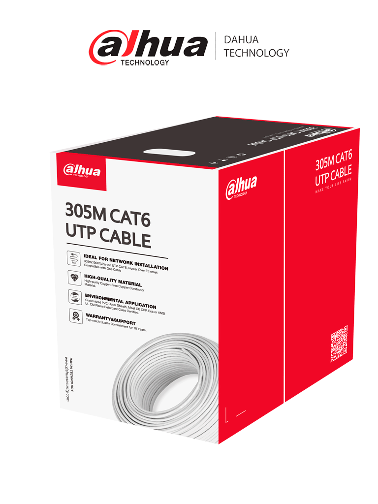 Imagen de DAHUA PFM923I-6UN-C - Bobina de Cable UTP Cat 6 100% Cobre/ Color Blanco/ 305 Metros/ para Interior/ Ideal para Redes y Video/ Certificado CPR Eca Retardante/ Estandares Q/DXJ 067-2019, EN50575-2014/  LSZH/ 