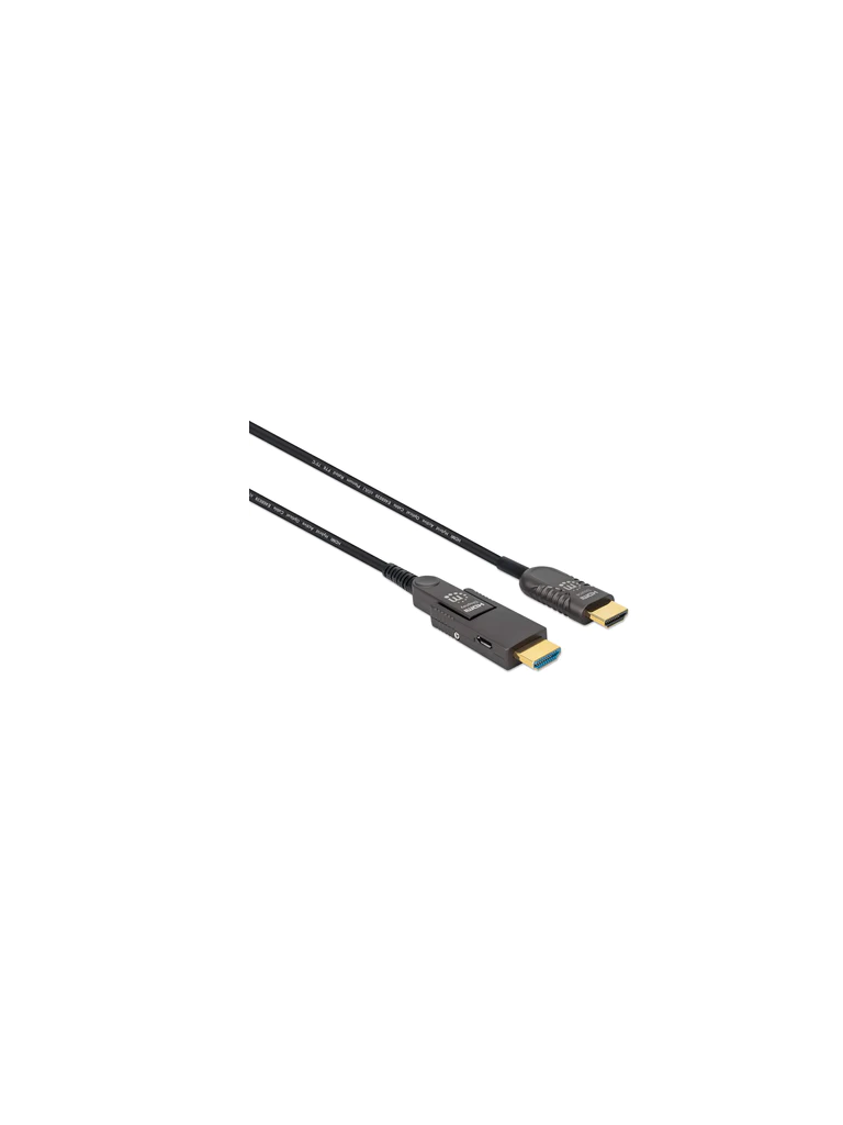 Imagen de MANHATTAN 353243 - Cable Óptico Activo HDMI de Alta Velocidad / 4k@60Hz UHD, HDMI macho a Micro-HDMI macho (Tipo D) y HDMI macho (Tipo A) Desmontable, 20 m (65 pies), Certificado CMP/CPR, HEC, ARC, contactos bañados en oro, negro (Sobre Pedido)