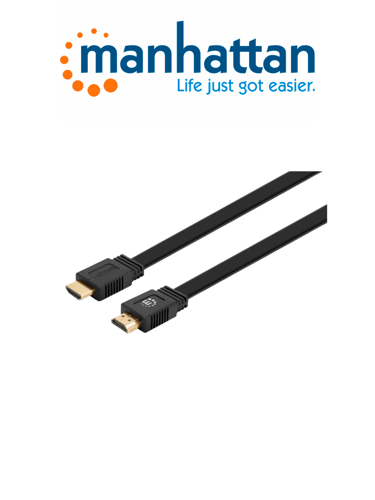 Imagen de MANHATTAN 355629 - Cable HDMI plano de Alta Velocidad con Ethernet 4K @ 60Hz UHD, HDMI macho a macho, 3 m (10 pies), HDR, HEC, ARC, contactos bañados en oro, negro