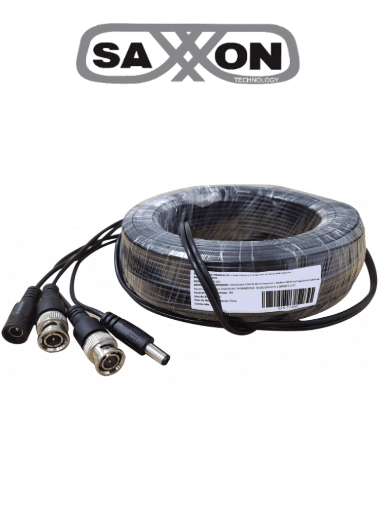 Imagen de SAXXON WB0110C- Cable de 10 Metros Armado para Video y Energia/ Para Camaras Hasta 8 Megapixeles/ con Conectores BNC y de Energía/ Uso Interior/ Cable de Video 100% Cobre/ 12W/ Soporta: AHD/CVI/TVI/CVBS/