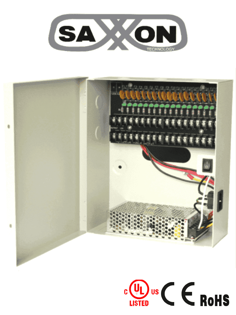 Imagen de SAXXON PSU1210D18 - Fuente de Poder de 12 vcd/ 10 Amperes/ Para 18 Camaras/ 0.55 Amperes por Canal/ Protección contra Sobrecargas/ Certificación UL/