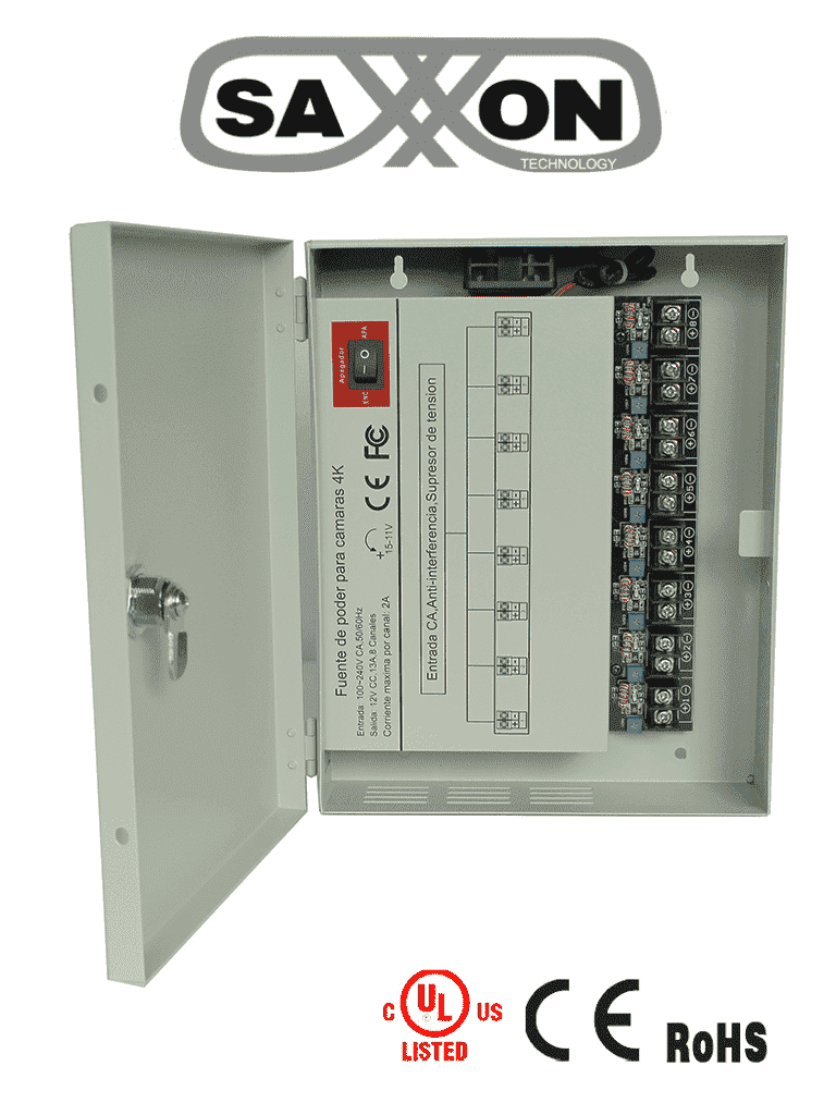 Imagen de SAXXON PSU1213D8H- Fuente de Poder Profesional de 11 a 15 vcd/ 13 Amperes/ Para 8 Camaras Hasta 4k/ 1.6 Amperes por Canal/  Protección contra Sobrecargas/ Filtro de Ruido por Canal/ Uso rudo/