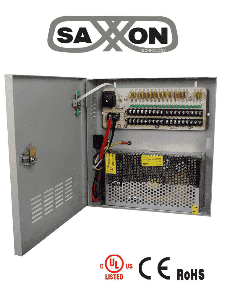 Imagen de SAXXON PSU1220D18 - Fuente de 12 vcd/ 20 Amperes/ Para 18 Camaras/ 1.1 Amper por Canal/ Protección contra Sobrecargas/ Certificación UL/