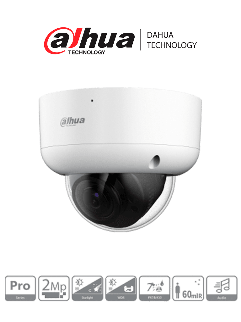 Imagen de DAHUA  DH-HAC-HDBW2241RAN-Z-A - Cámara Domo de 2 Megapixeles Antivandalica/ Lente Motorizado de 2.7 a 13.5/ Super Adapt/ 60 Metros de IR/ Serie Pro/ WDR Real de 130 dB/ Microfono Integrado/ IP67/ Ik10