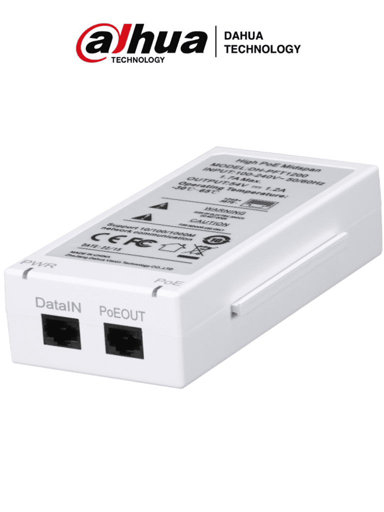 Imagen de DAHUA PFT1200 - Inyector Hi-Poe Midspan Gigabit/ Soporta PoE/PoE+/ Soporta Hi-PoE 60 Watts para PTZ/ Indicadores Led de Status/ Funciona con Extensor: PFT1300 para conexión en Cascada/ Instalación en Pared/ 