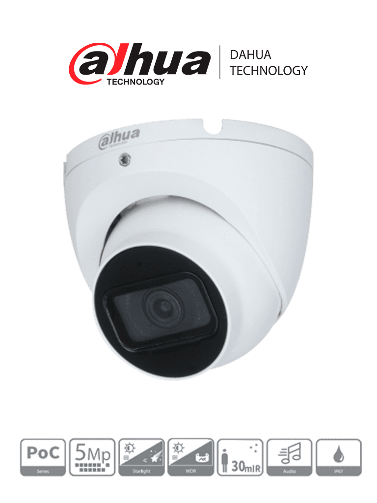 Imagen de DAHUA HAC-HDW2501TLM-A -  Cámara Domo 5MP, Serie Pro con lente de 2.8mm y ángulo de 111°; IR 30m, micrófono integrado, carcasa metálica, WDR 120dB, IP67, con tecnología Starlight y HDCVI. Calidad superior en cualquier entorno.