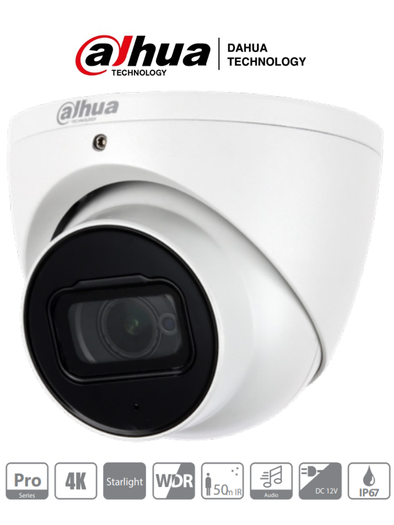 Imagen de DAHUA HDW2802T-A - Cámara Domo EyeBall 4K Starlight de 8 MP, lente de 2.8 mm, IR de 50 m, WDR real 120 dB, IP67. Ideal para vigilancia en alta resolución con excelente rendimiento en condiciones de poca luz y protección robusta contra el clima. 