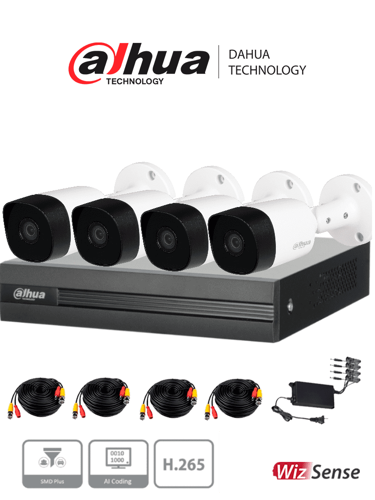 Imagen de DAHUA KITXVR1B04H-I+4B2A51 - Kit de videovigilancia de 4 canales con cámaras de 5 MP y DVR Cooper-I WizSense con IA. Soporta H.265+, hasta 5 canales IP, búsqueda avanzada de humanos y vehículos, y 4 canales SMD Plus .0  