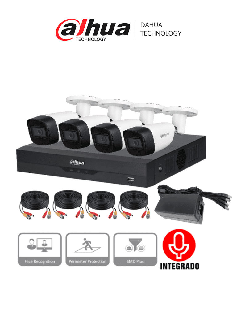 Imagen de DAHUA KITXVR5104HS4KLI3+4HFW1500CMA- Kit de vigilancia de 4 canales 5 MP con audio y DVR WizSense con reconocimiento facial y H.265+. Soporta 4 canales + 4 IP o hasta 8 IP. Incluye 4 canales SMD Plus para búsqueda de humanos y vehículos .0 