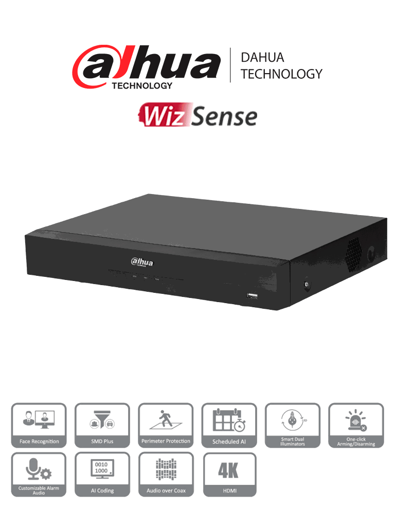 Imagen de DAHUA DH-XVR5104HE-4KL-I3 - DVR de 4 canales 4K con WizSense y compresión H.265+. Admite 4 canales IP adicionales (hasta 8 en total), 1 canal de reconocimiento facial, SMD Plus, E/S de alarmas y 1 bahía para disco duro. Perfecto para seguridad avanzada.