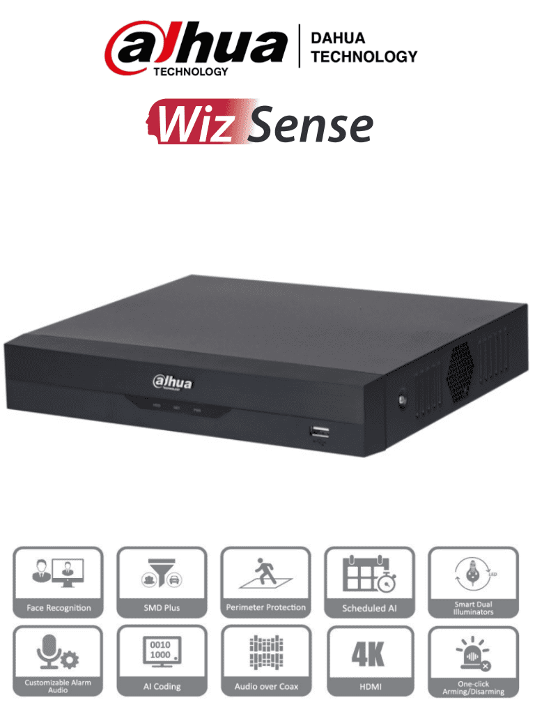 Imagen de DAHUA DH-XVR5104HS-4KL-I3 - DVR 4k de 4 Canales y 4 IP o hasta 8 IP. Equipado con WizSense, codificación H.265+, un canal para reconocimiento facial, protección perimetral y SDM Plus. Bahía SATA para HDD de hasta 10TB. Compatible con IoT y POS .9