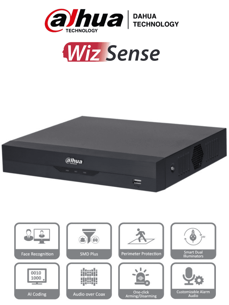 Imagen de DAHUA XVR5104HS-I3 - DVR de 5MP Lite con WizSense. Soporta 4 canales + 2 IP o hasta 6 canales IP. Reconocimiento facial y protección perimetral en 1 canal, incluye SDM Plus, codificación H.265+, y funciones para IoT & POS. 1 puerto SATA .0 