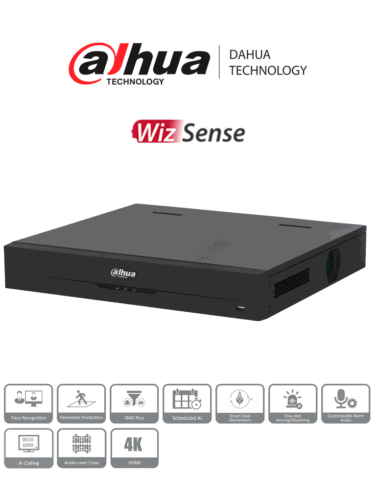 Imagen de DAHUA DH-XVR5432L-I3 - DVR de 32 canales 5MP Lite con IA WizSense, H.265+, 4 bahías para HDD, 32 canales IP, 2 canales de reconocimiento facial, SMD Plus, codificación IA, Onvif, funciones IoT & POS.