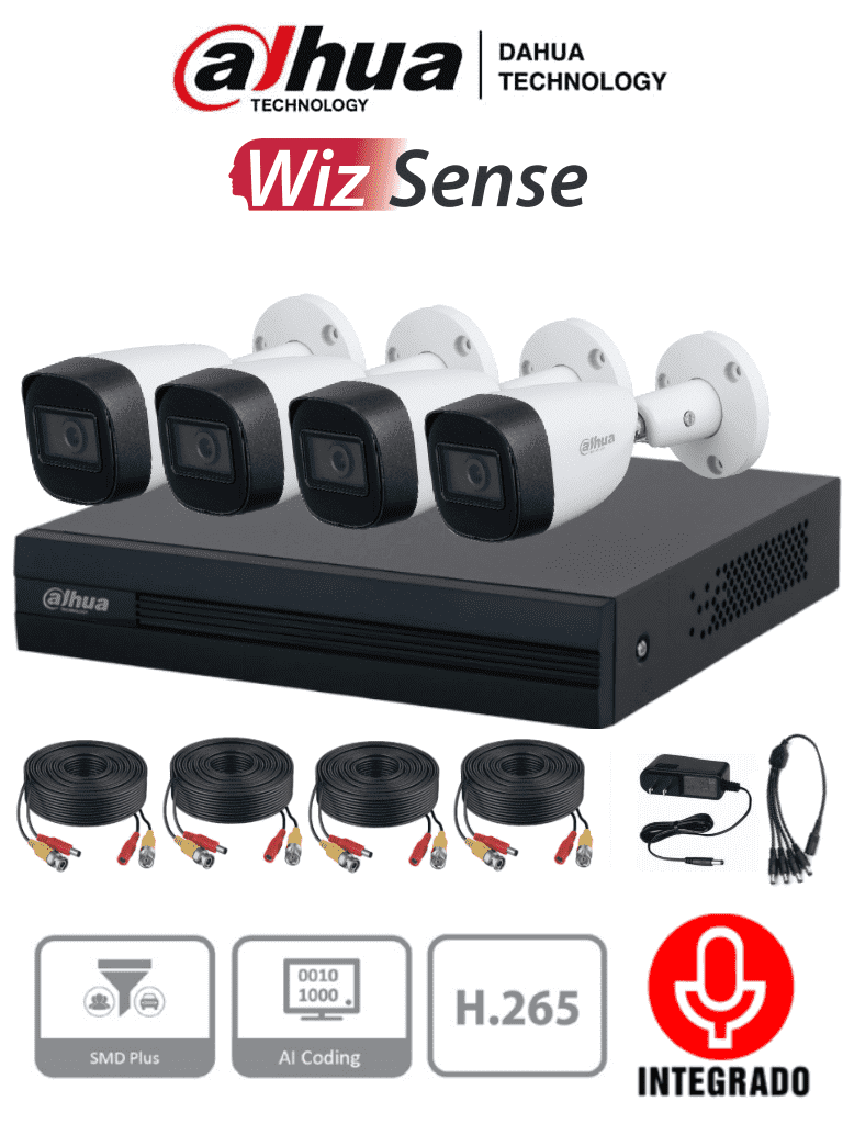 Imagen de DAHUA KITXVR1B04-I+HFW1200CMA -  Kit de 4 canales con cámaras de 2MP y audio. Incluye DVR Cooper-I WizSense con IA y H.265+, 4 cámaras metálicas con micrófono integrado, 4 canales más 1 IP o hasta 5 canales IP, 4 canales SMD Plus y accesorios incluidos