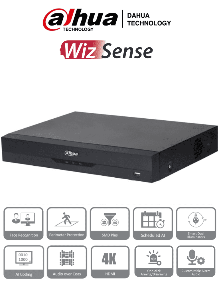 Imagen de DAHUA XVR5116HE-4KL-I3 - DVR 16 Canales 4K con IA, WizSense, H.265+, 16 Canales HDCVI+IP (32 Ch máx.), Reconocimiento Facial, SMD Plus, Protección Perimetral, 16&3 E&S Alarma, 1 Puerto SATA.