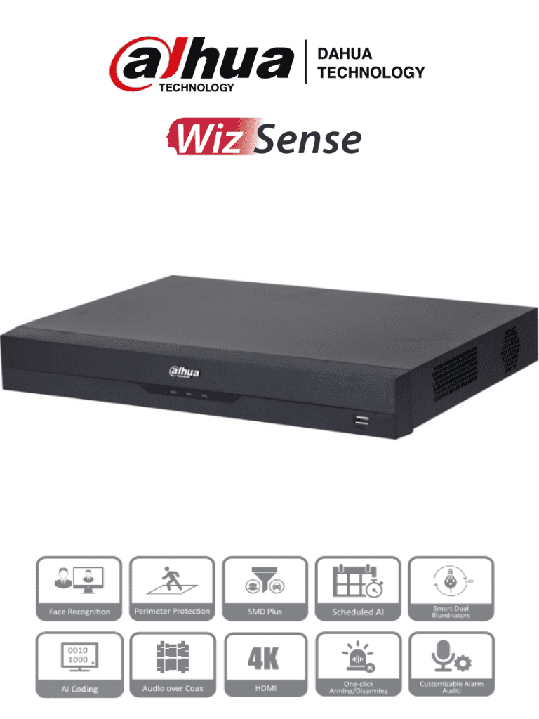 Imagen de DAHUA XVR5216AN-4KL-I3 - DVR de 16 Canales 4k/ WizSense/ IA/ H.265+/ 2 Bahías de Disco Duro/ 16 Ch HDCVI + 16 IP (Hasta 32 IP)/ 2 Canales de Reconocimiento Facial/ SMD Plus/ Codificación IA/  Funciones IoT&POS/ Audio Bidireccional