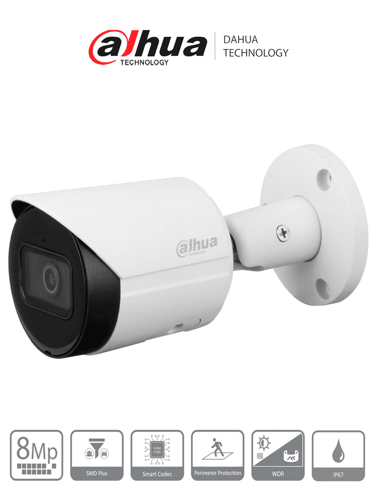 Imagen de DAHUA DH-IPC-HFW2841S-S - Cámara IP Bullet 4k/ 8 Megapíxeles/ Lente de 2.8 mm/ 105 Grados de Apertura/ H.265+/ IR de 30 Mts/ Metálica/ WDR Real de 120 dB/ IP67/ Video analíticos con IVS/ Ranura para MicroSD/ PoE/ 