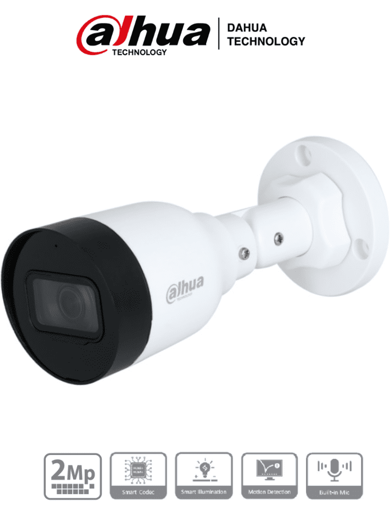 Imagen de Dahua IPC-HFW1230S1-A-S5-Cámara IP Bullet de 2MP, lente de 2.8mm, ángulo de visión de 102 grados, micrófono integrado, compresión H.265+, IR de 30m, protección IP67, PoE, DWDR.