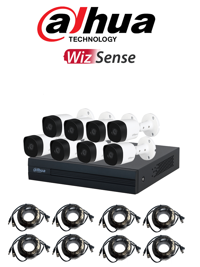 Imagen de DAHUA KITXVR1B08- I+8-B2A21-  Kit de 8 Canales, DVR Cooper-I WizSense con IA y H.265+, 8 cámaras B2A21 de 1080p metálicas, soporte para hasta 10 canales IP, 4 canales con SMD Plus para detección de humanos y vehículos, y accesorios incluidos.