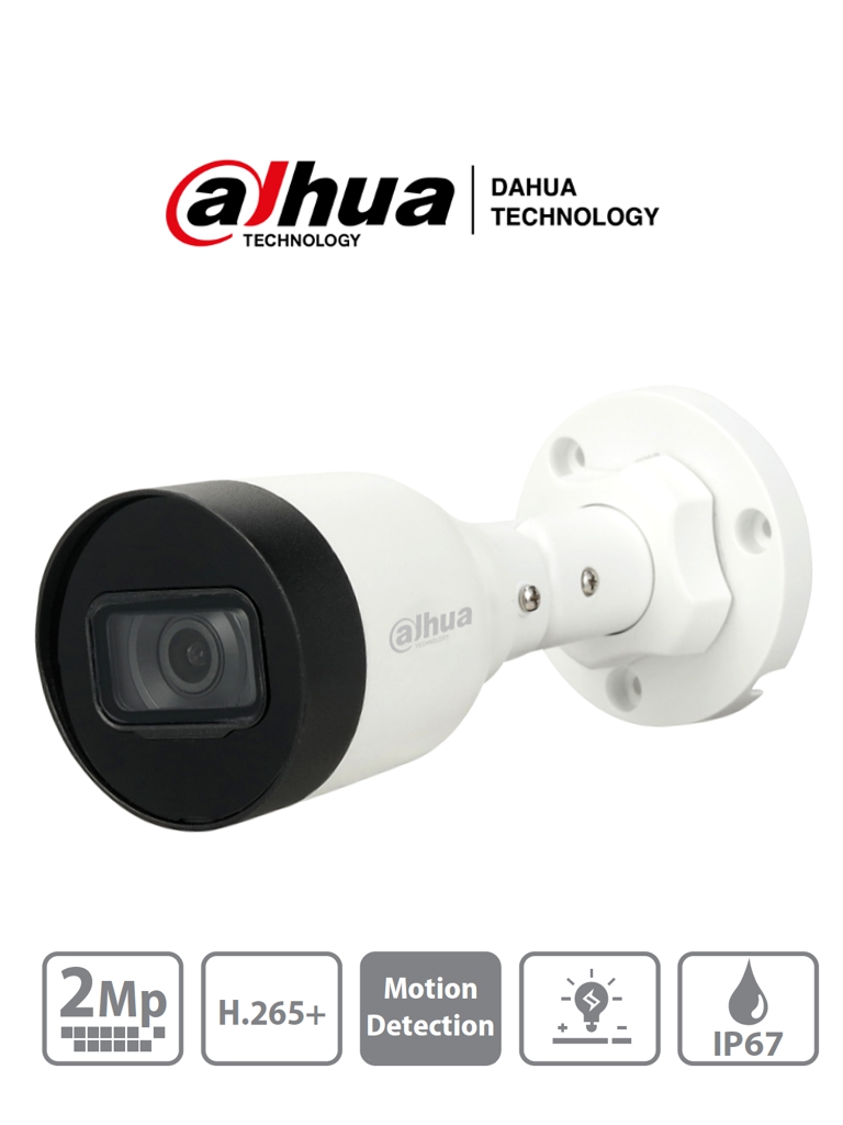 Imagen de DAHUA IPC-HFW1230S1-S4 - Camara IP Bullet 2 MP con compresión H.265+, lente de 2.8 mm con ángulo de 104°, alcance IR de 30 m, protección IP67, compatible con PoE, DWDR, HLC. Ideal para videovigilancia. 