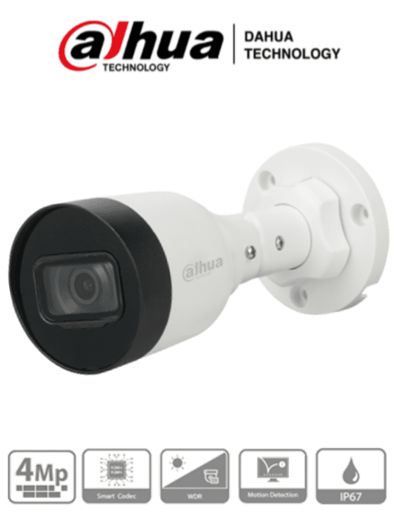 Imagen de DAHUA IPC-HFW1431S1-A-S4 - Cámara IP Bullet de 4 Megapixeles lente de 2.8 mm con ángulo de visión de 104 grados, IR de 30 m, compresión H.265+, micrófono integrado, PoE, WDR real, protección IP67 para uso en exteriores.