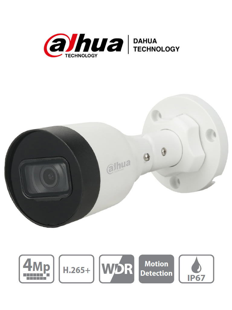 Imagen de DAHUA IPC-HFW1431S1-S4 - Cámara IP Bullet de 4 Megapixelescon compresión H.265+, lente de 2.8 mm, ángulo de visión de 93°, IR de 30 m, 30 FPS, tecnología WDR, y certificación IP67 para resistencia al agua y polvo.