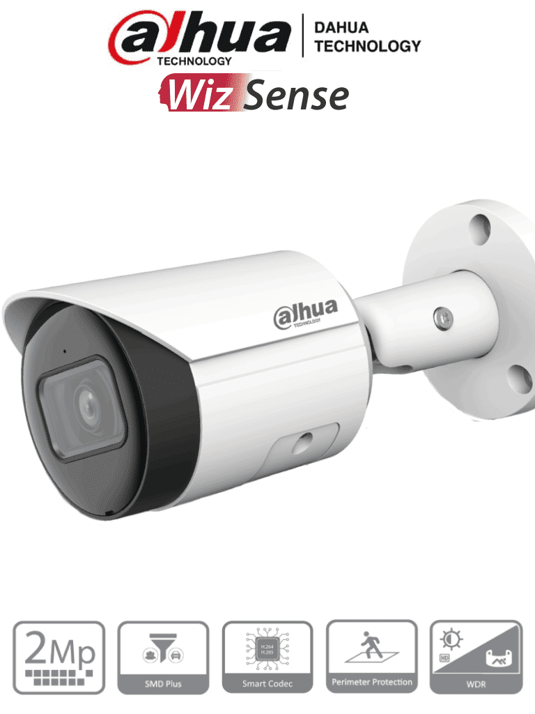 Imagen de DAHUA IPC-HFW2241S-S - Camara IP Bullet de 2 Megapixeles/ Lente de 2.8 mm/ WizSense/ 107 Grados de Apertura/ IR de 30 Metros/ SMD Plus/ Microfono Integrado/ PoE/ Ranura para MicroSD/ IP67/ WDR Real de 120 dB 