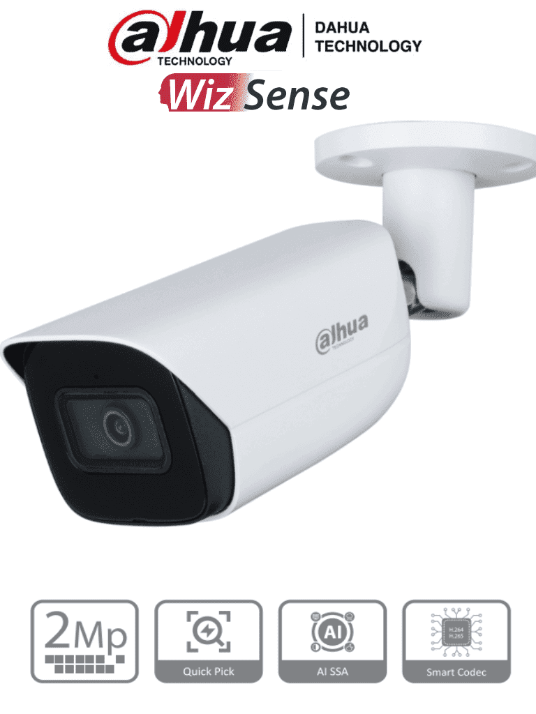 Imagen de DAHUA IPC-HFW3241E-S-S2 - Cámara IP Bullet de 2 MP/ WizSense/ Con IA/ Lente de 2.8 mm/ 107° de Apertura/ Micrófono integrado/ IR de 50 m / SMD 4.0 / AI SSA / Quick Pick/ Ranura MicroSD/ WDR Real de 120 dB / PoE / IP67 / 