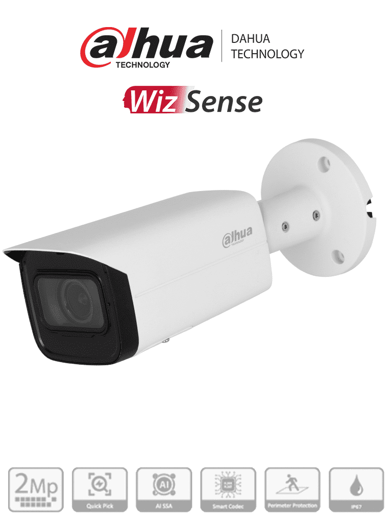 Imagen de DAHUA IPC-HFW3241T-ZAS-S2 - Camara IP Bullet de 2 Megapixeles/ WizSense/ Lente Motorizado de 2.7 a 13 mm/ IR   de 60 Metros/ Micrófono Integrado/ IA/ SMD 4.0/ AI SSA/ QuickPick/ E&S de Alarma y Audio/ IP67/ PoE/ Ranura para Micro SD/ 