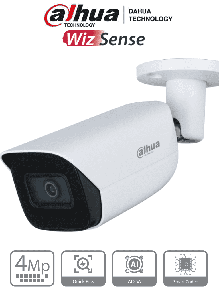 Imagen de DAHUA IPC-HFW3441E-S-S2 - Camara IP Bullet de 4 Megapixeles con IA/ WizSense/ Lente de 2.8mm/ 107 Grados de Apertura/ Microfono Integrado/ IR de 50 Metros/ SMD 4.0/ Quick Pick/ AI SSA/ WDR Real/ IP67/ Ranura para MicroSD/ PoE/ 