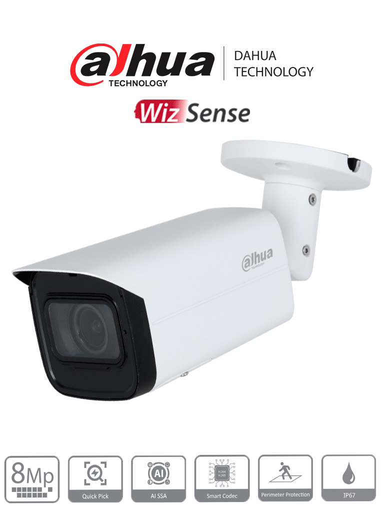 Imagen de DAHUA IPC-HFW3841T-ZAS-S2 Cámara IP Bullet 4K de 8 MP, lente motorizado 2.7-13.5 mm, ángulo 109°, IR 60m, IA WizSense, Detección de Movimiento Inteligente, Protección Perimetral, PoE, WDR, H.265+, IP67, Entrada/Salida Alarma y Audio.