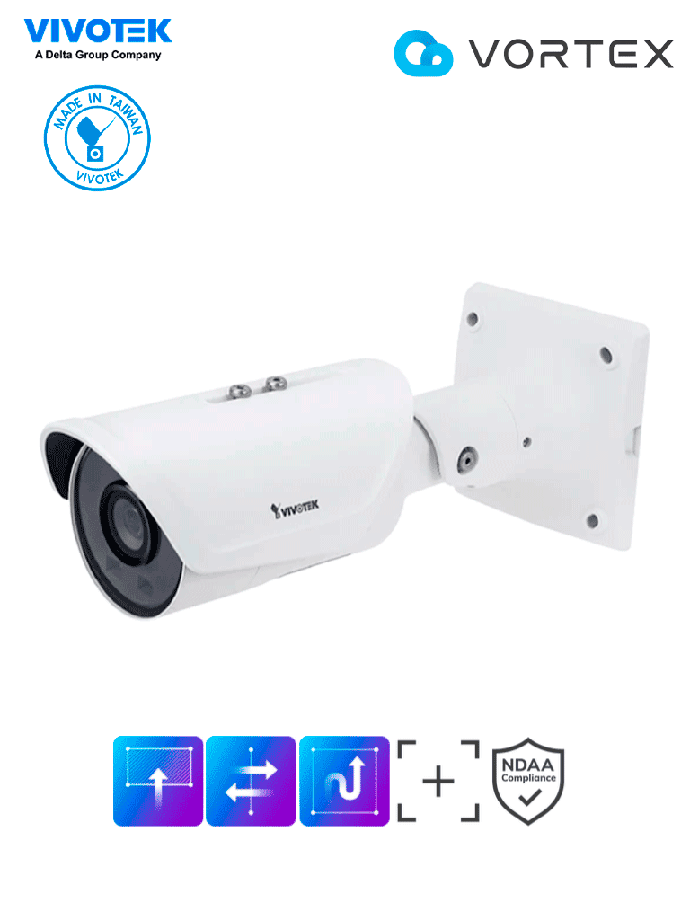 Imagen de VIVOTEK IB837-HT - Cámara IP VORTEX Premium Series bullet exterior 5 MP, con lente varifocal 2.7-13.5mm, IR 50m, WDR Pro, protección IP66 e IK10, certificación NDAA y almacenamiento interno de 256GB 