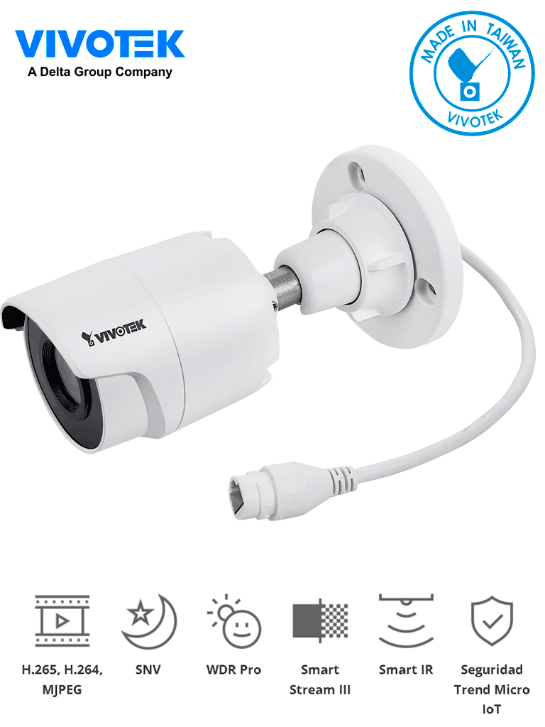 Imagen de VIVOTEK IB9380-H - Cámara IP bullet exterior 5 MP, H.265, lente 3.6mm, Smart IR 30m, WDR Pro, SNV, ciberseguridad Trend Micro, Smart Stream III, ranura MicroSD, IP66/IK10, NDAA, ONVIF. 