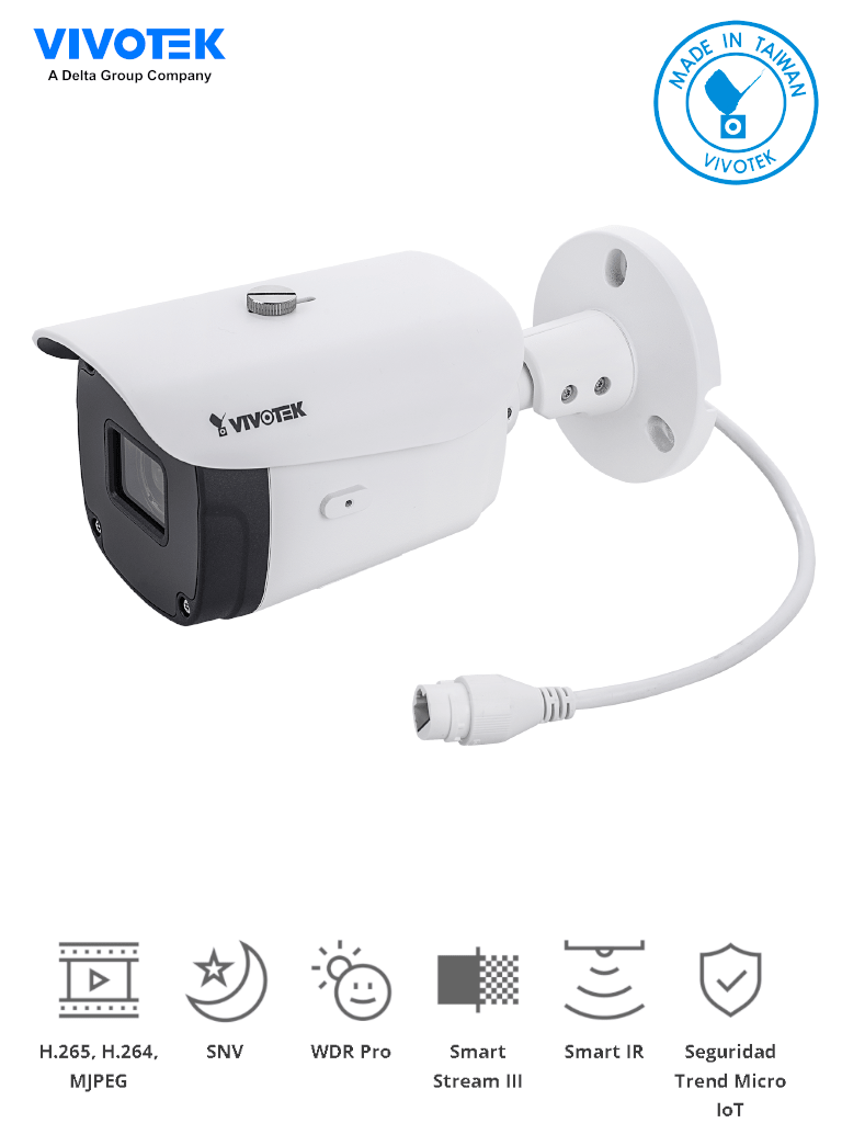 Imagen de VIVOTEK IB9388-HT - Cámara IP bullet exterior 5 MP, lente varifocal remoto 2.8-12mm, H.265, Smart IR 30m, WDR Pro, SNV, ciberseguridad Trend Micro, Smart Stream III, IP66, IK10, NDAA, ONVIF. 