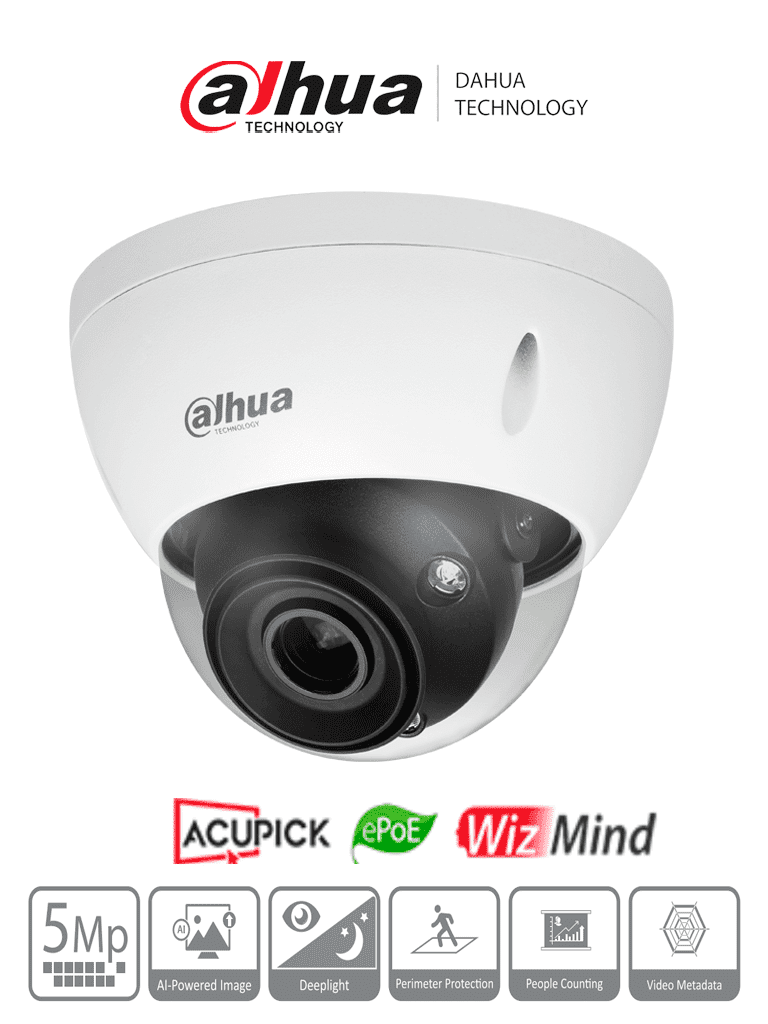 Imagen de DAHUA  IPC-HDBW5541E-ZE - Cámara IP Domo 5MP con WizMind y Lente Motorizado 2.7-13.5 mm, LED IR 40m, 114°, H.265+, Metadatos, SMD 3.0, Acupick, E/S de Alarma y Audio, Micro SD, IP67, IK10, ePoE. Ideal para seguridad avanzada.