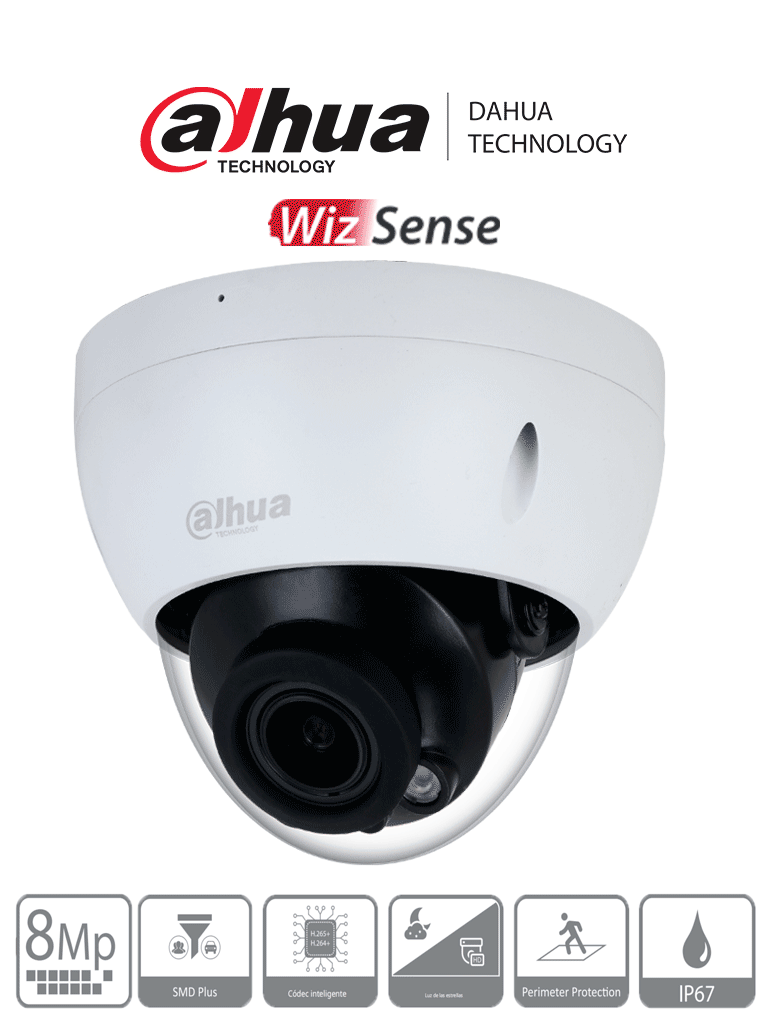 Imagen de DAHUA DH-IPC-HDBW2841R-ZS - Cámara IP Domo Antivandálica de 8MP con lente motorizado 2.7-13.5mm, IR 40m, IA WizSense, detección de movimiento inteligente, protección perimetral, Starlight, PoE, WDR, H.265+, IP67, IK10.