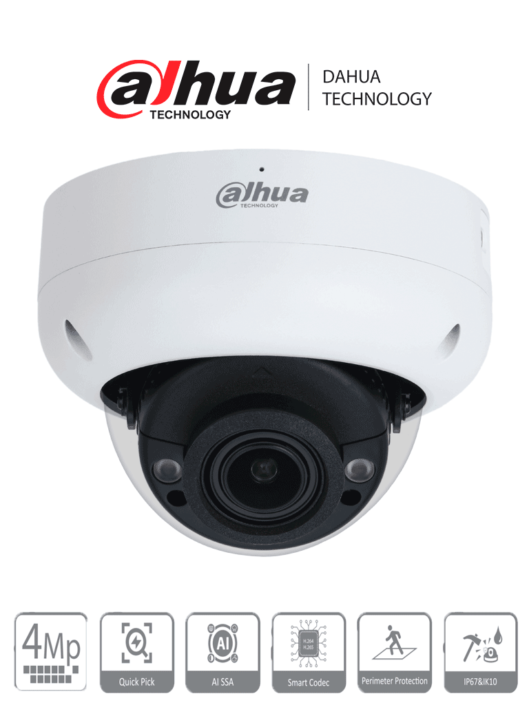 Imagen de DAHUA DH-IPC-HDBW3441R-ZS-S2  - Cámara IP Domo Antivandálica 4 MP con lente motorizado 2.7-13.5mm e IR 40m,  cuenta con IA WizSense, Detección de Movimiento Inteligente, Protección Perimetral, Starlight, PoE, WDR, H.265+ y protección IP67 e IK10.