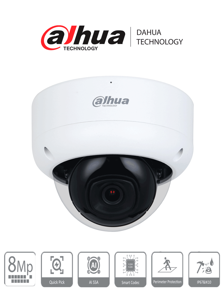 Imagen de DAHUA DH-IPC-HDBW3841E-AS-S2 - Camara IP Domo Antivandalica 4k/ 8 Megapixeles/ WizSense/  Lente de 2.8 mm/ 107 Grados de Apertura/ SMD 4.0/ AI SSA/ Ranura MicroSD/ PoE/ IP67/ IK10/ 