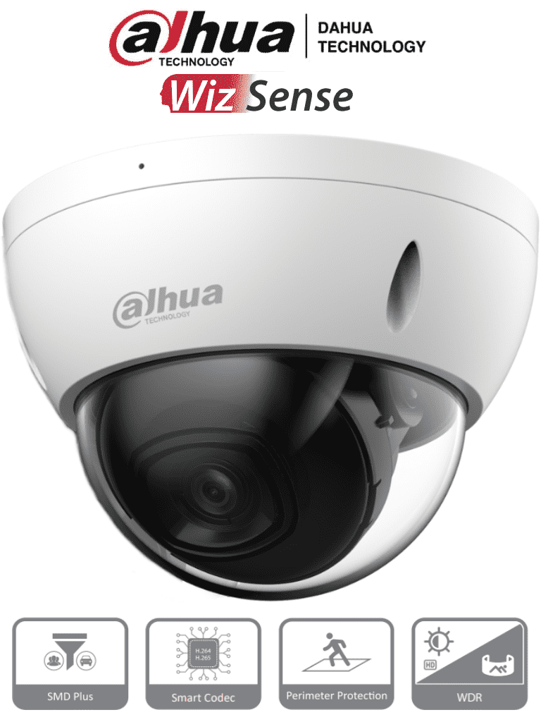 Imagen de DAHUA IPC-HDBW2441E-S - Camara IP Domo Antivandalica de 4 Megapixeles con WizSense, ángulo de visión 102°, IR de 30 m, SMD Plus, micrófono, PoE, ranura MicroSD, IP67, IK10, WDR 120 dB, H.265+. Ideal para seguridad.