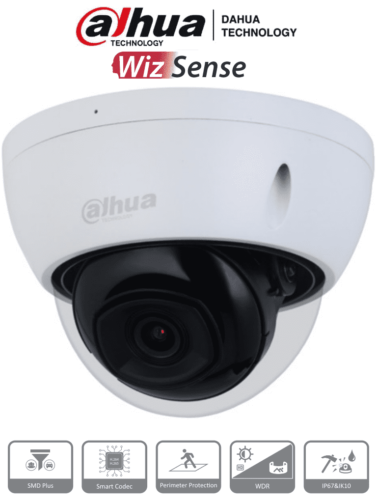 Imagen de DAHUA IPC-HDBW2541E-S - Cámara IP domo antivandálica 5 MP, cuenta con lente de 2.8 mm y visión de 111°. Ofrece visión nocturna IR 30 m, WizSense, SMD Plus, micrófono integrado, PoE, ranura MicroSD, protección IP67 e IK10, WDR real de 120 dB y H.265+.