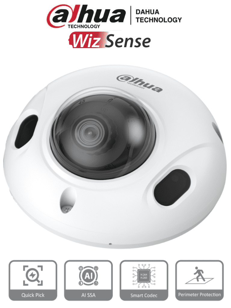 Imagen de DAHUA IPC-HDBW3241F-AS-S2 - Cámara IP Domo Antivandálica de 2MP con lente de 2.8mm y 107° de apertura. Cuenta con WizSense, visión nocturna de 30m, micrófono integrado, SMD 4.0, AI SSA, IP67, PoE, IK10, WDR real, y E/S de alarmas y audio.