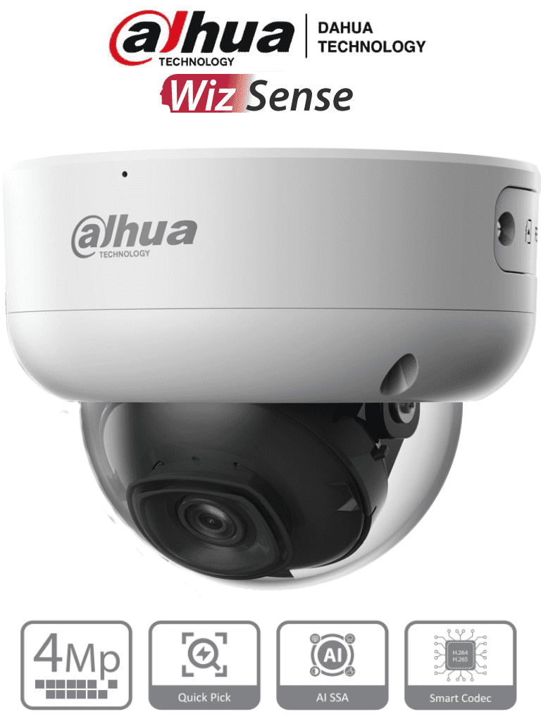 Imagen de DAHUA IPC-HDBW3441E-AS-S2 - Camara IP Domo Antivandalica de 4 Megapixeles con IA/ WizSense/ Lente de 2.8 mm/ 107 Grados de Apertura/ IR de 50 Metros/ SMD 4.0/ AI SSA/ 1 E&S de Alarma y Audio/ Ranura para MicroSD/ IP67/ IK10/ PoE/ 