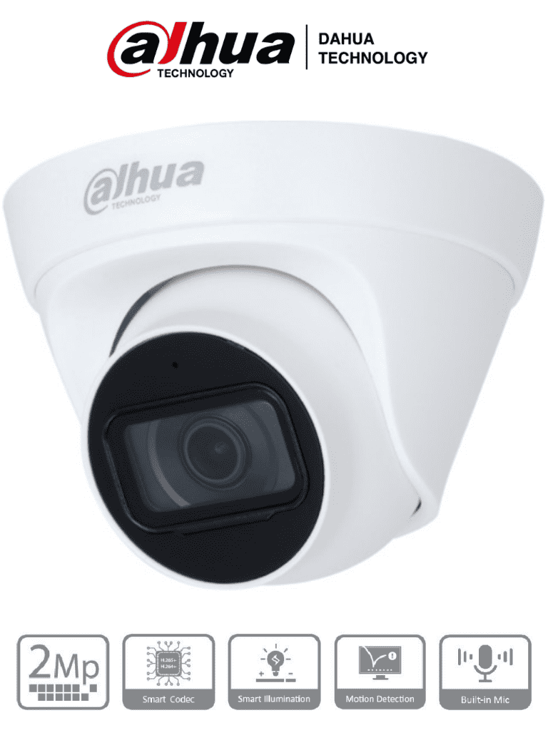 Imagen de  DAHUA IPC-HDW1230T1-A-S5-Cámara IP Domo 2MP con lente de 2.8 mm, ángulo de visión de 102 grados, micrófono integrado, IR de 30m, IP67, PoE, DWDR.