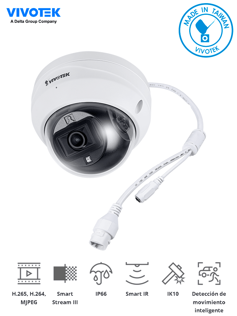 Imagen de VIVOTEK FD9369 - Cámara IP domo exterior 2 MP, lente fijo 2.8mm, H.265, Smart IR 30m, Smart Motion, micrófono integrado, protección IP66/IK10, Smart Stream III y NDAA, ONVIF