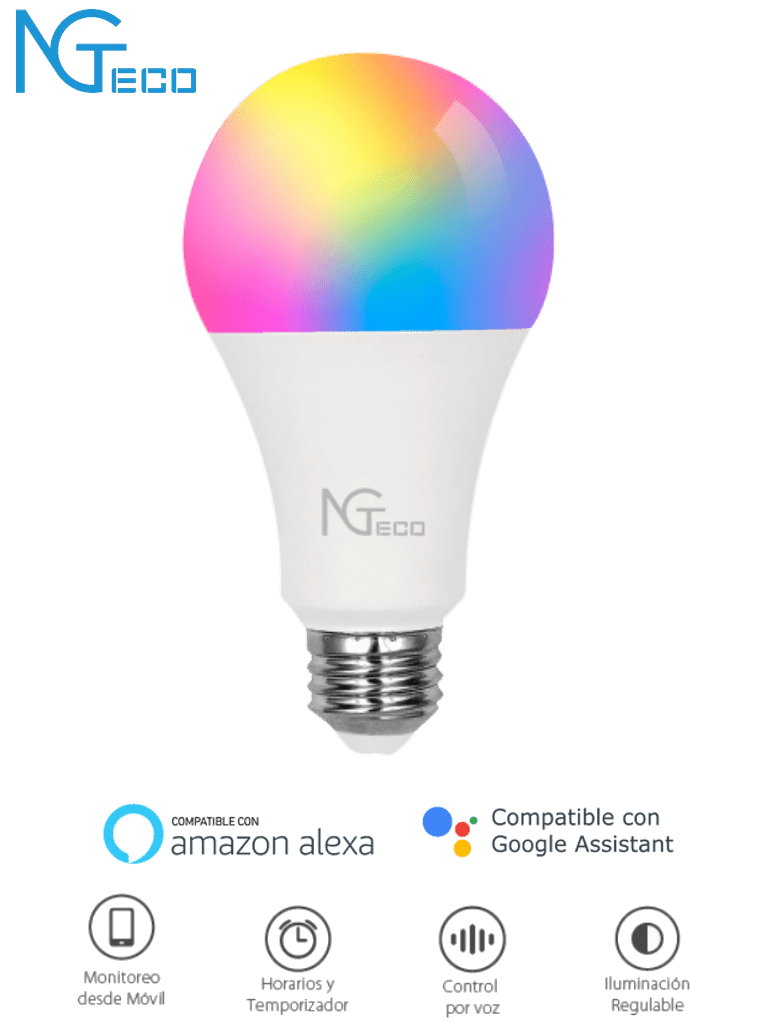 Imagen de NGTECO NGL200 - Foco LED Inteligente WiFi de 9W / Color regulable / Control remoto App / Control por voz Amazon Alexa y Google Assistant / WiFi 2.4 GHz / Configuración Horarios / 950 Lumenes   